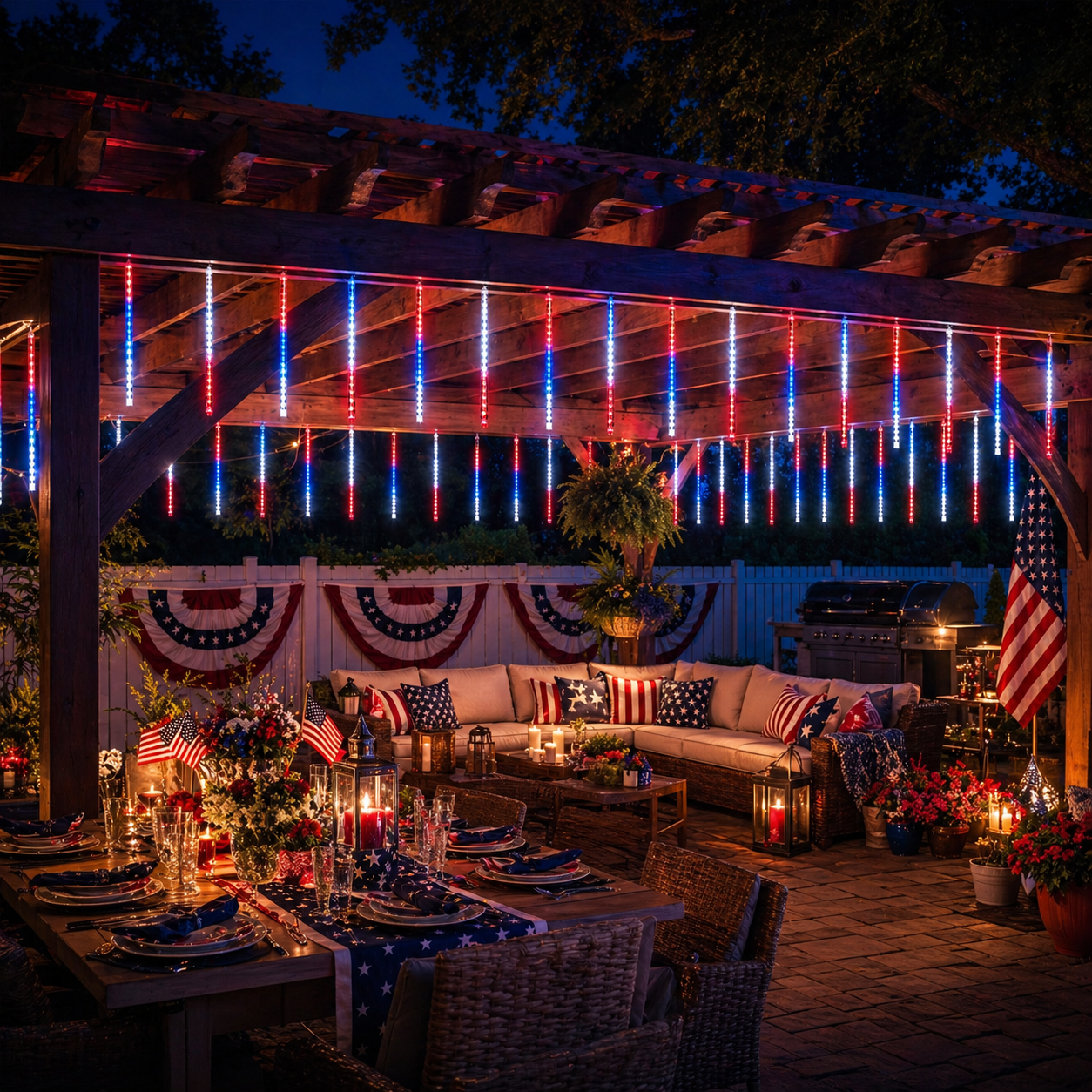 8 Tubes 144LEDs Red, White & Blue Solar Meteor Shower Lights