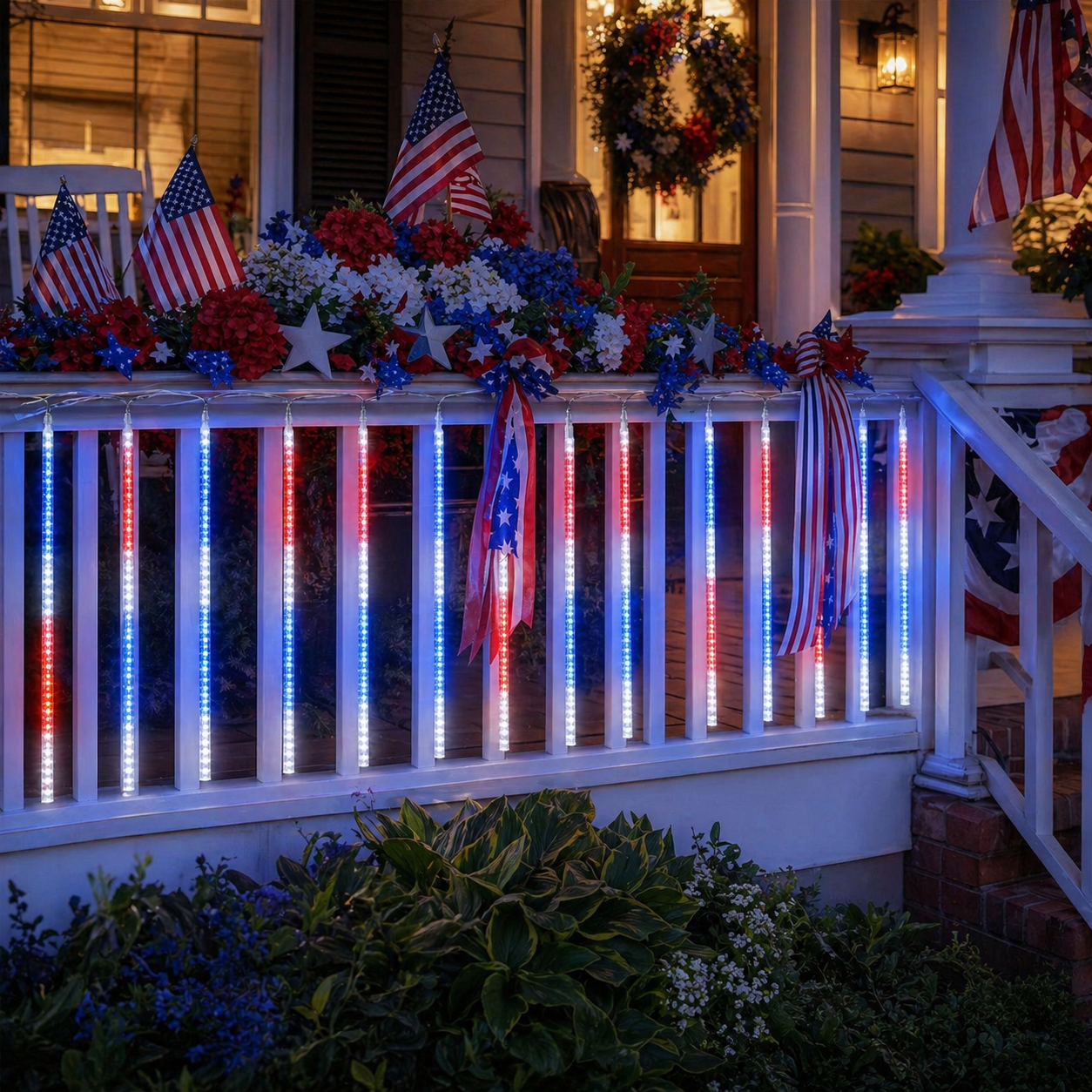 8 Tubes 144LEDs Red, White & Blue Solar Meteor Shower Lights