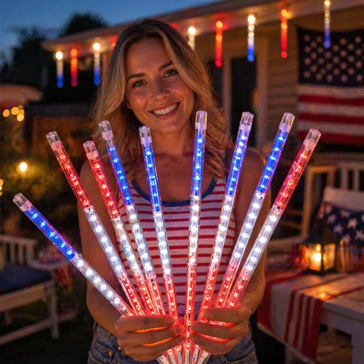 8 Tubes 144LEDs Red, White & Blue Solar Meteor Shower Lights