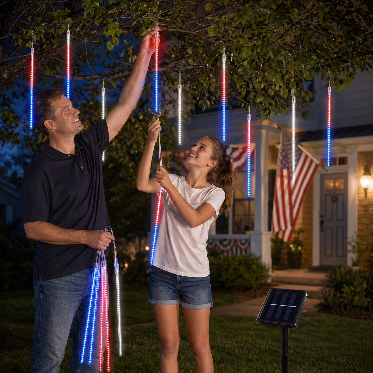 8 Tubes 144LEDs Red, White & Blue Solar Meteor Shower Lights