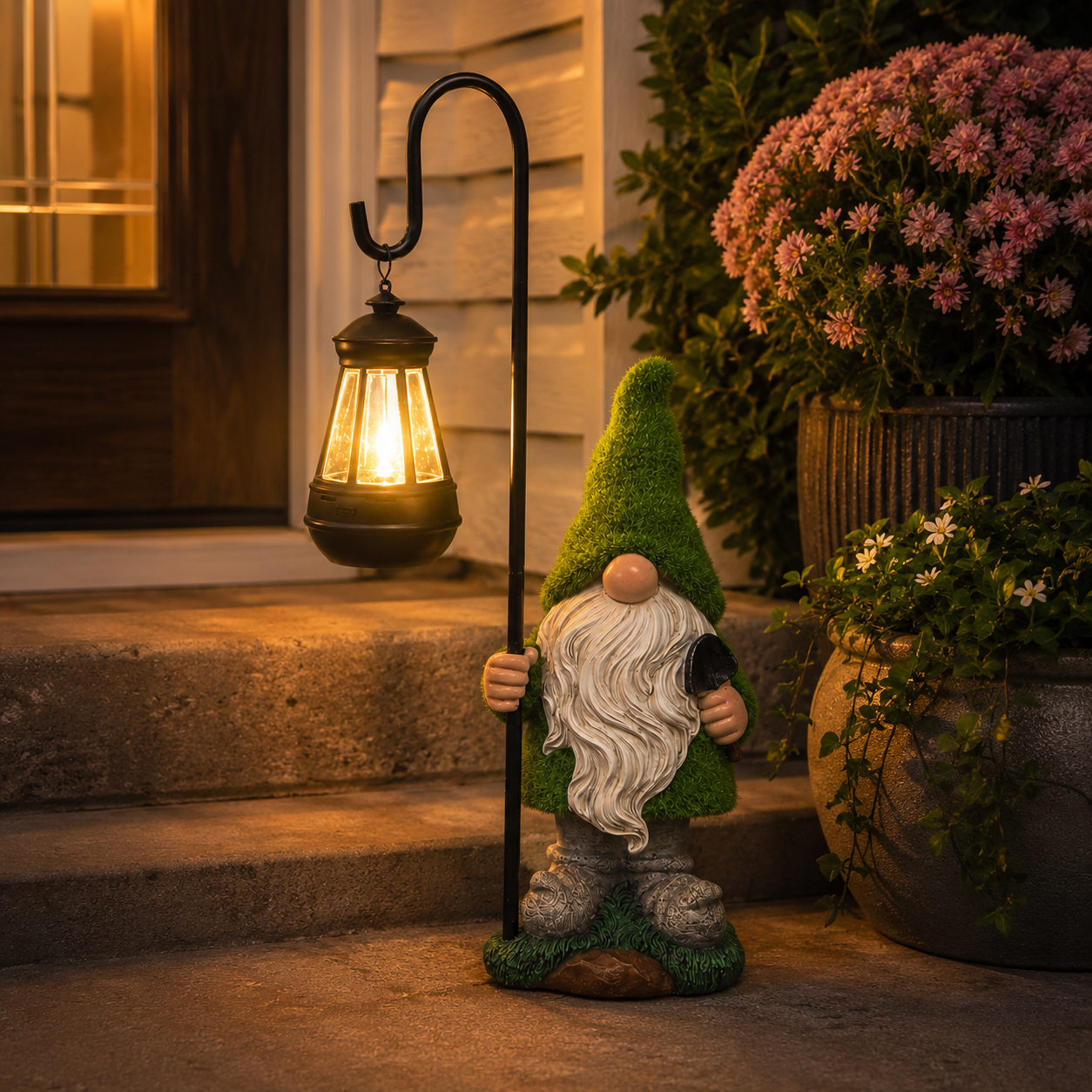 Mossy Porch Gnome Solar Lantern Statue