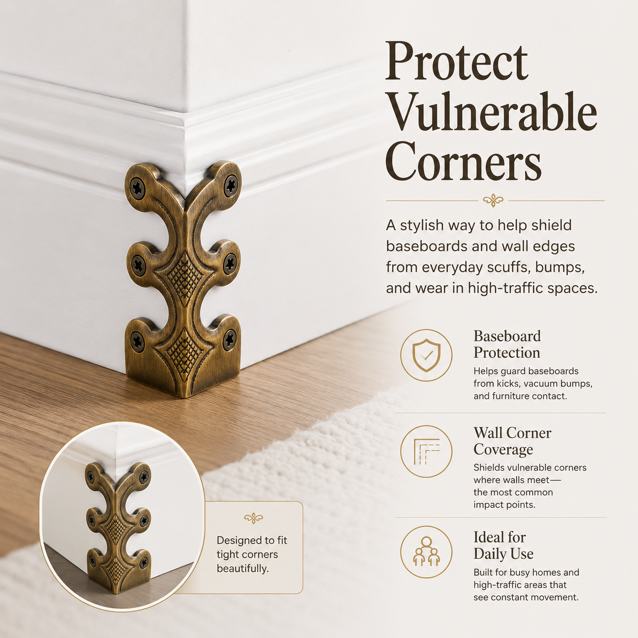 Skiffer Skirting Board Corner Protector Antique Brass 75mm