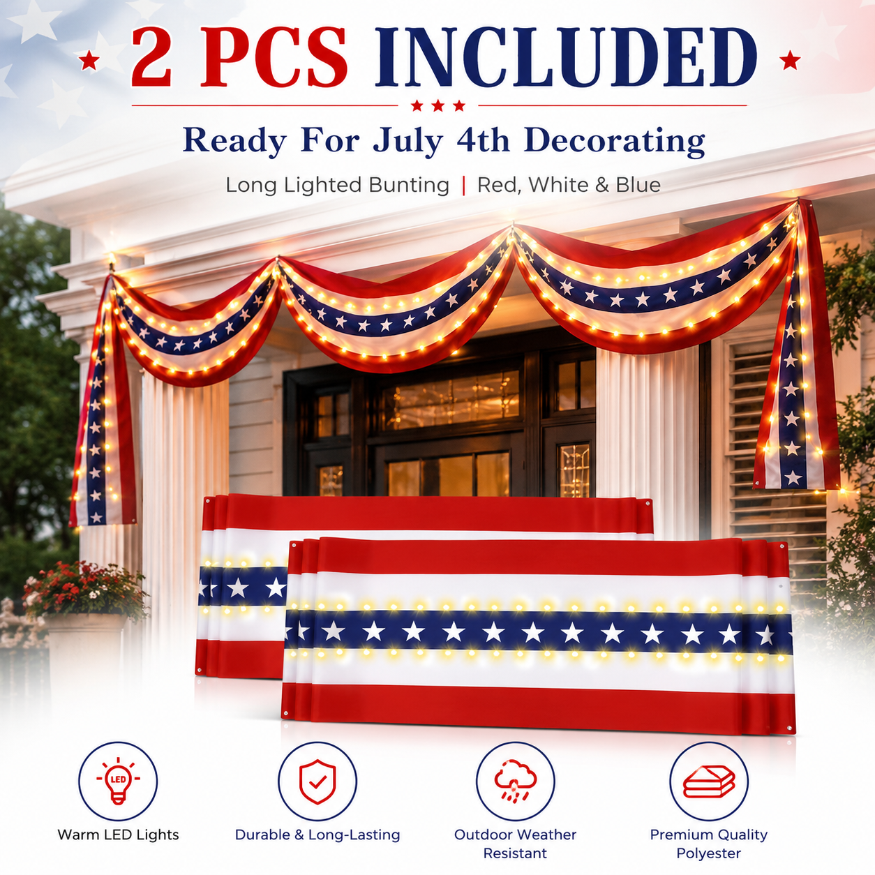 2-Pack Lighted Patriotic American Flag Bunting Banner For Outdoor 4th Of July Decor