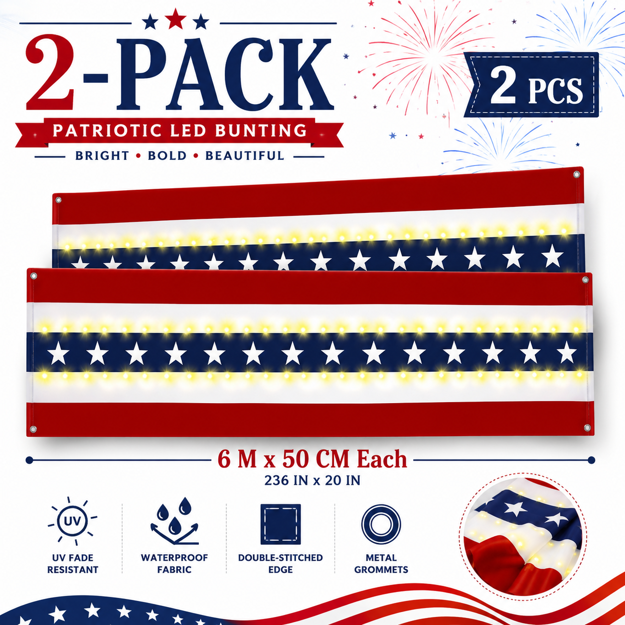 2-Pack Lighted Patriotic American Flag Bunting Banner For Outdoor 4th Of July Decor