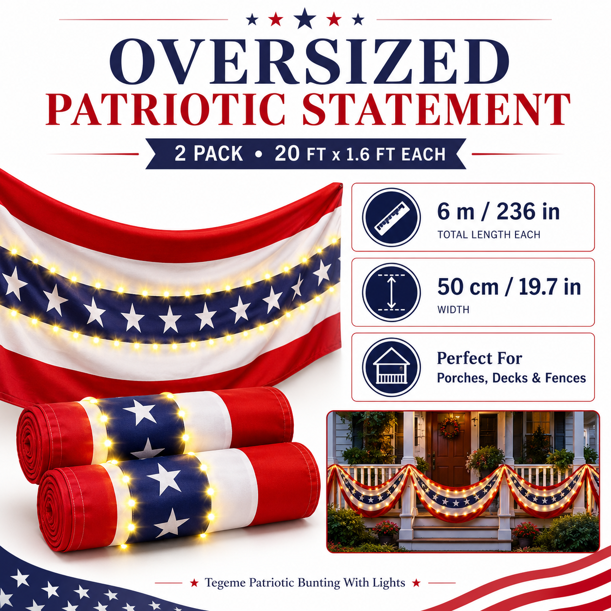 2-Pack Lighted Patriotic American Flag Bunting Banner For Outdoor 4th Of July Decor