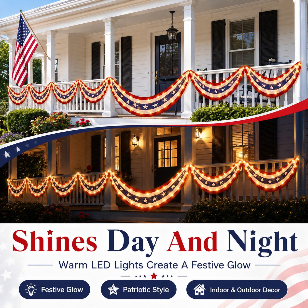 2-Pack Lighted Patriotic American Flag Bunting Banner For Outdoor 4th Of July Decor