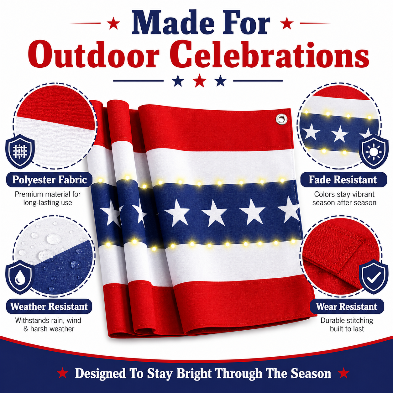 2-Pack Lighted Patriotic American Flag Bunting Banner For Outdoor 4th Of July Decor