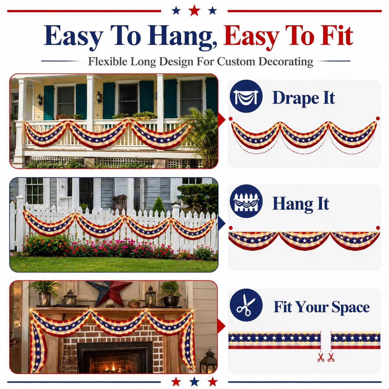 2-Pack Lighted Patriotic American Flag Bunting Banner For Outdoor 4th Of July Decor