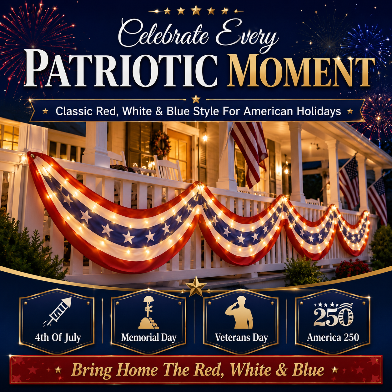 2-Pack Lighted Patriotic American Flag Bunting Banner For Outdoor 4th Of July Decor