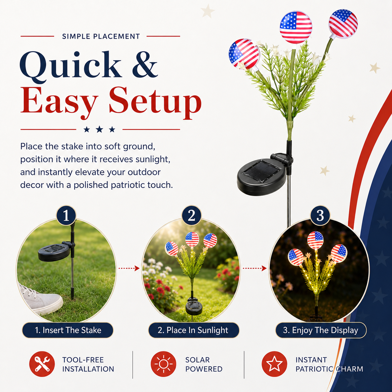 Solar American Flag Garden Stake Lights