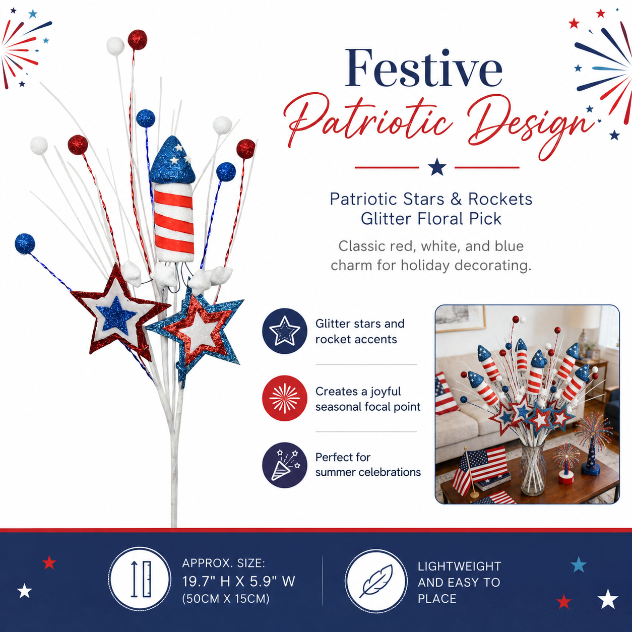 Patriotic Stars & Rockets Glitter Floral Pick