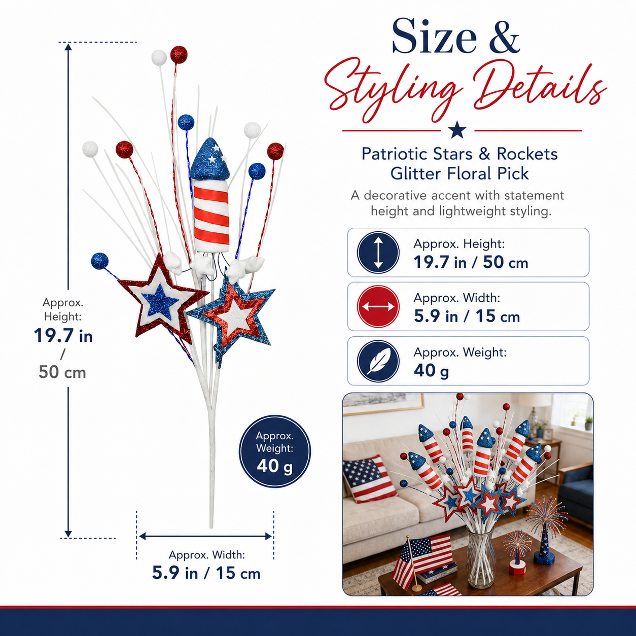 Patriotic Stars & Rockets Glitter Floral Pick