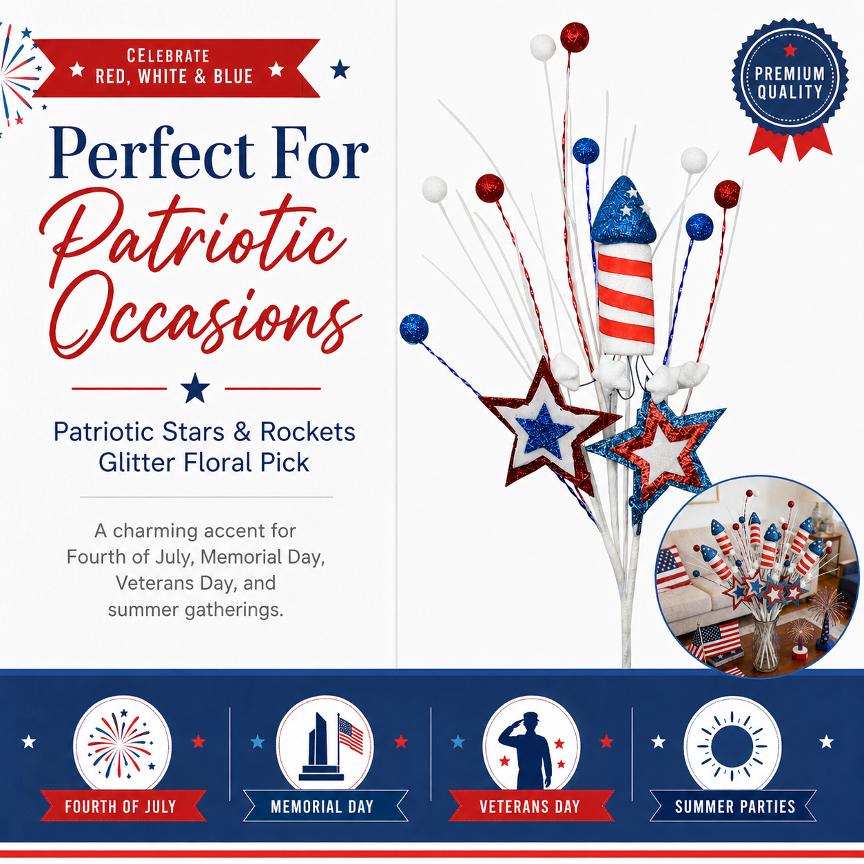 Patriotic Stars & Rockets Glitter Floral Pick
