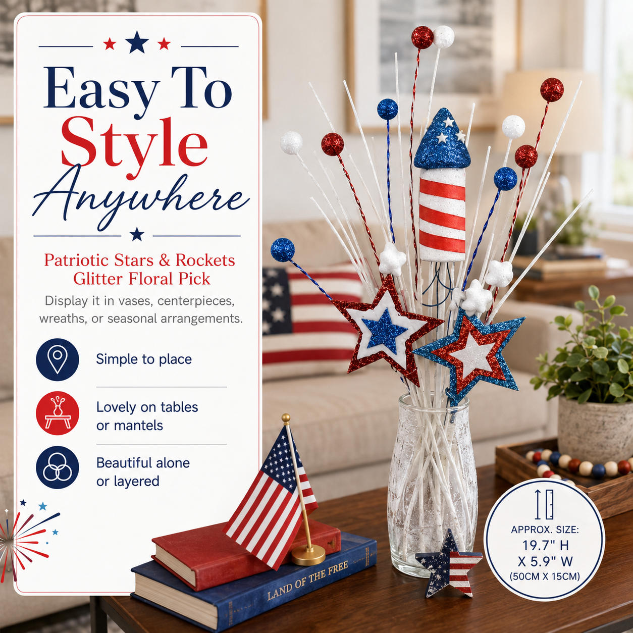 Patriotic Stars & Rockets Glitter Floral Pick