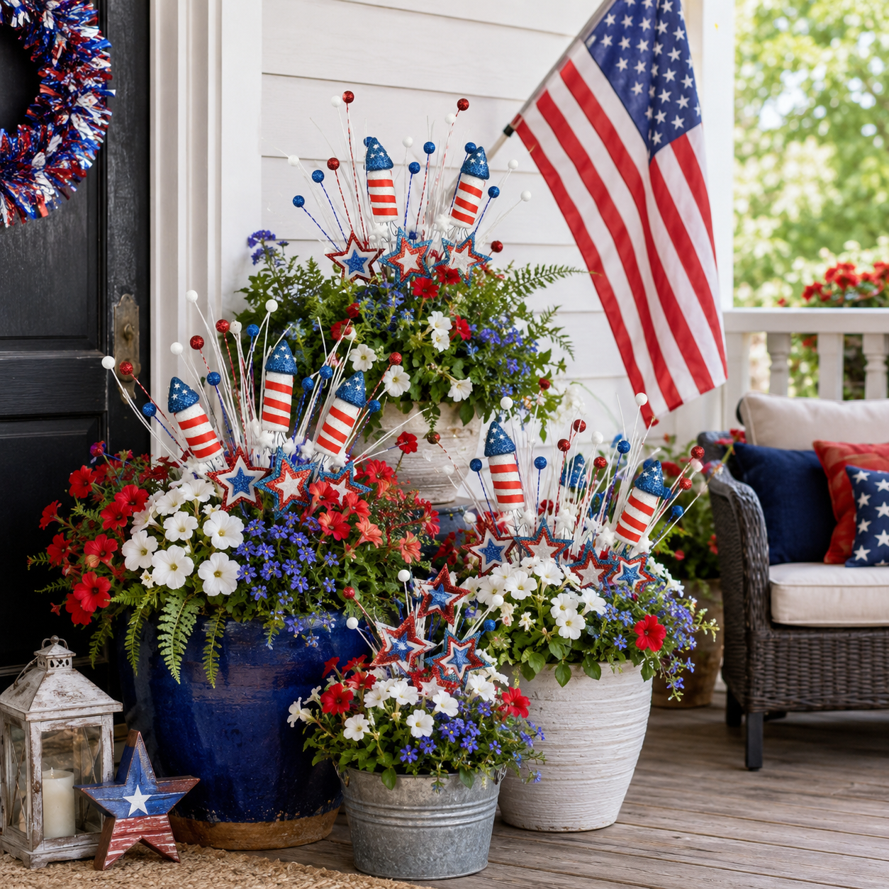 Patriotic Stars & Rockets Glitter Floral Pick