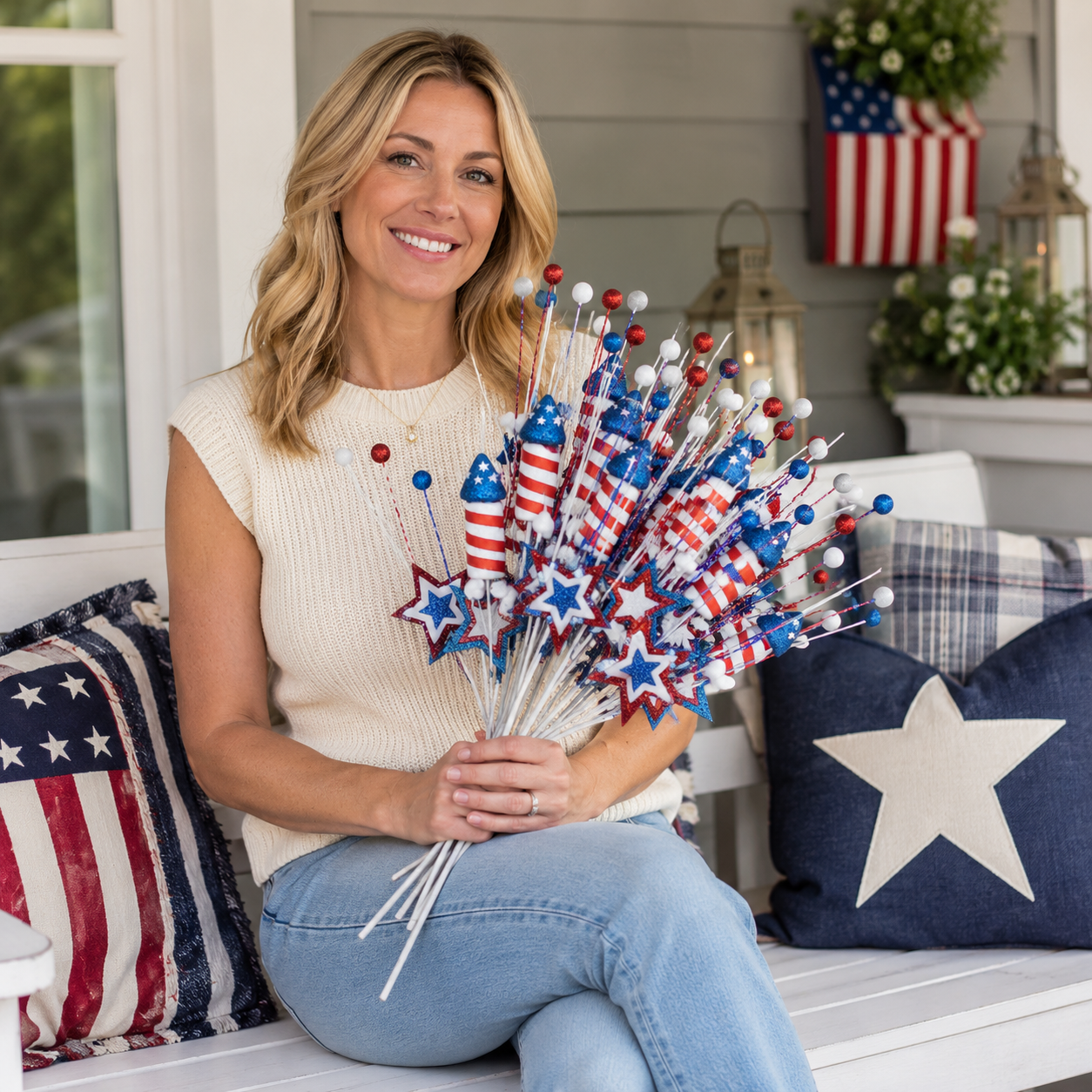 Patriotic Stars & Rockets Glitter Floral Pick