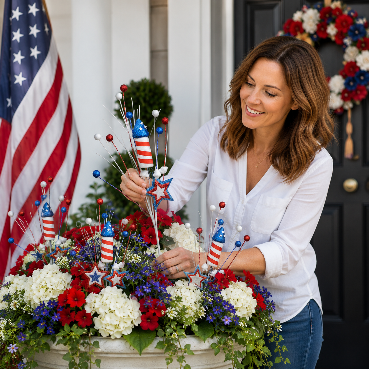 Patriotic Stars & Rockets Glitter Floral Pick