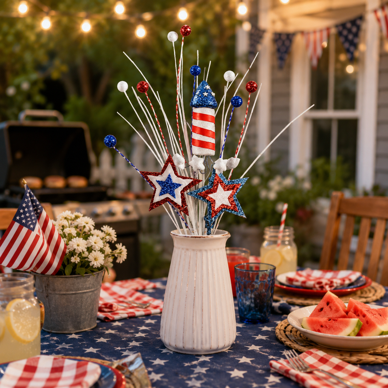 Patriotic Stars & Rockets Glitter Floral Pick