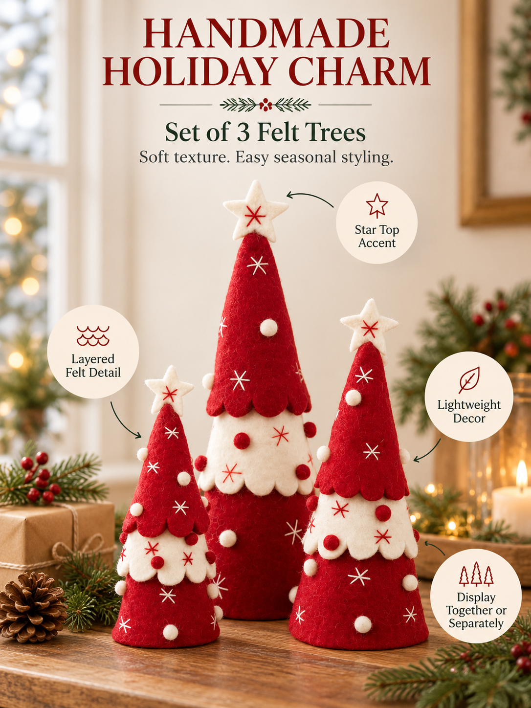 Handmade Wool Felt Christmas Tree Set of 3