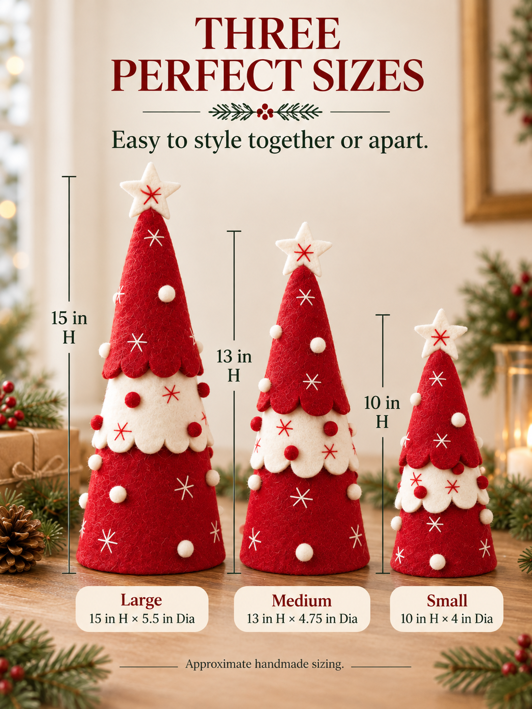 Handmade Wool Felt Christmas Tree Set of 3