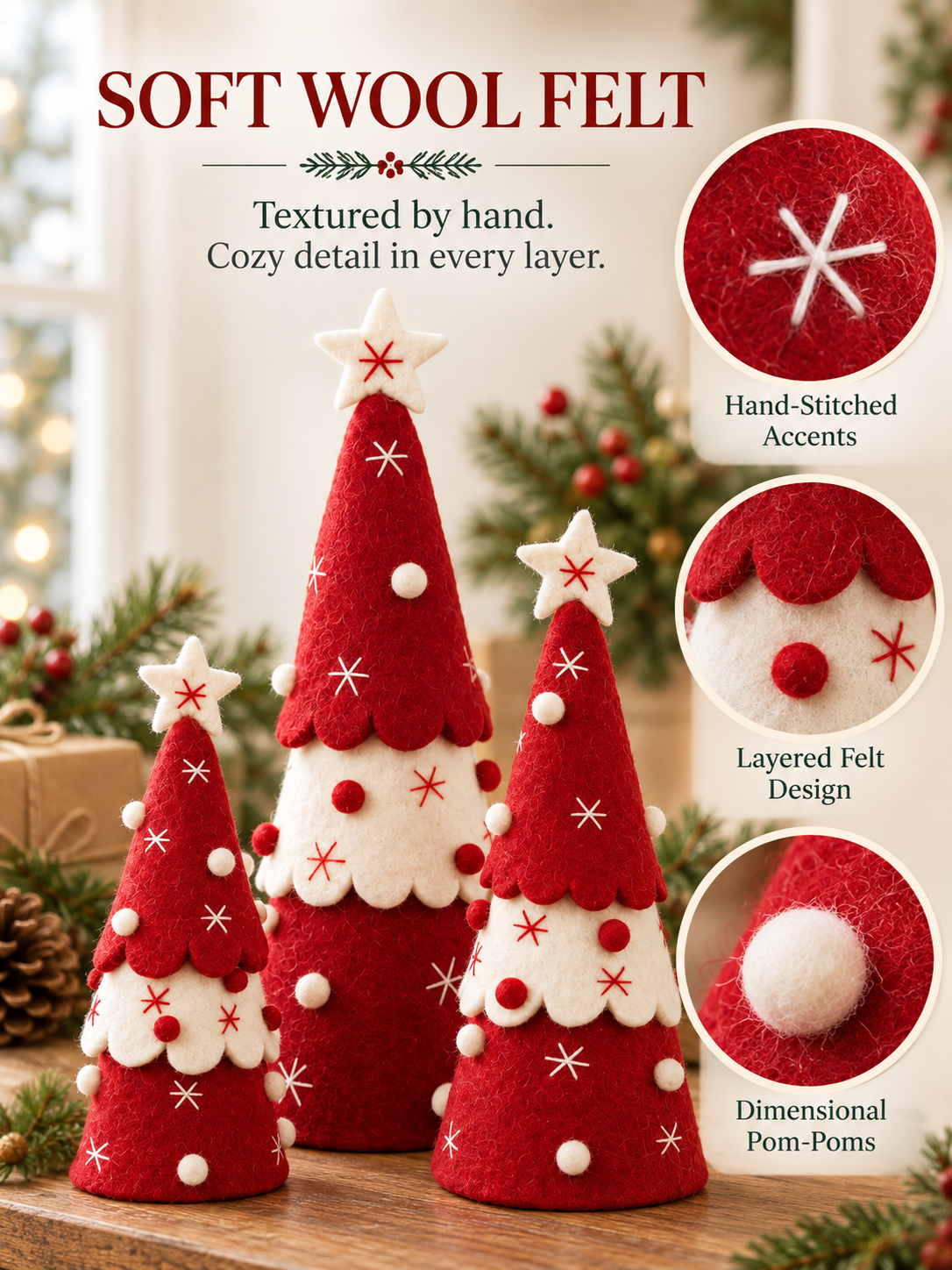 Handmade Wool Felt Christmas Tree Set of 3