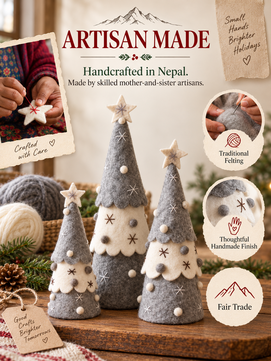 Handmade Wool Felt Christmas Tree Set of 3