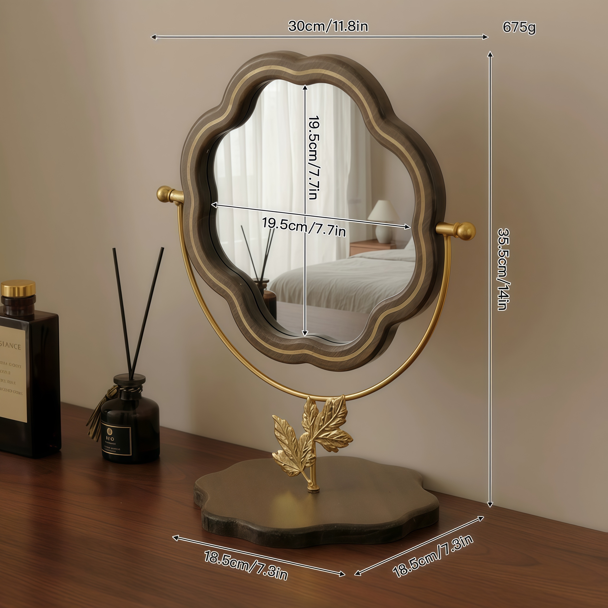 Solid Wood Scalloped Tabletop Vanity Mirror with Leaf Base