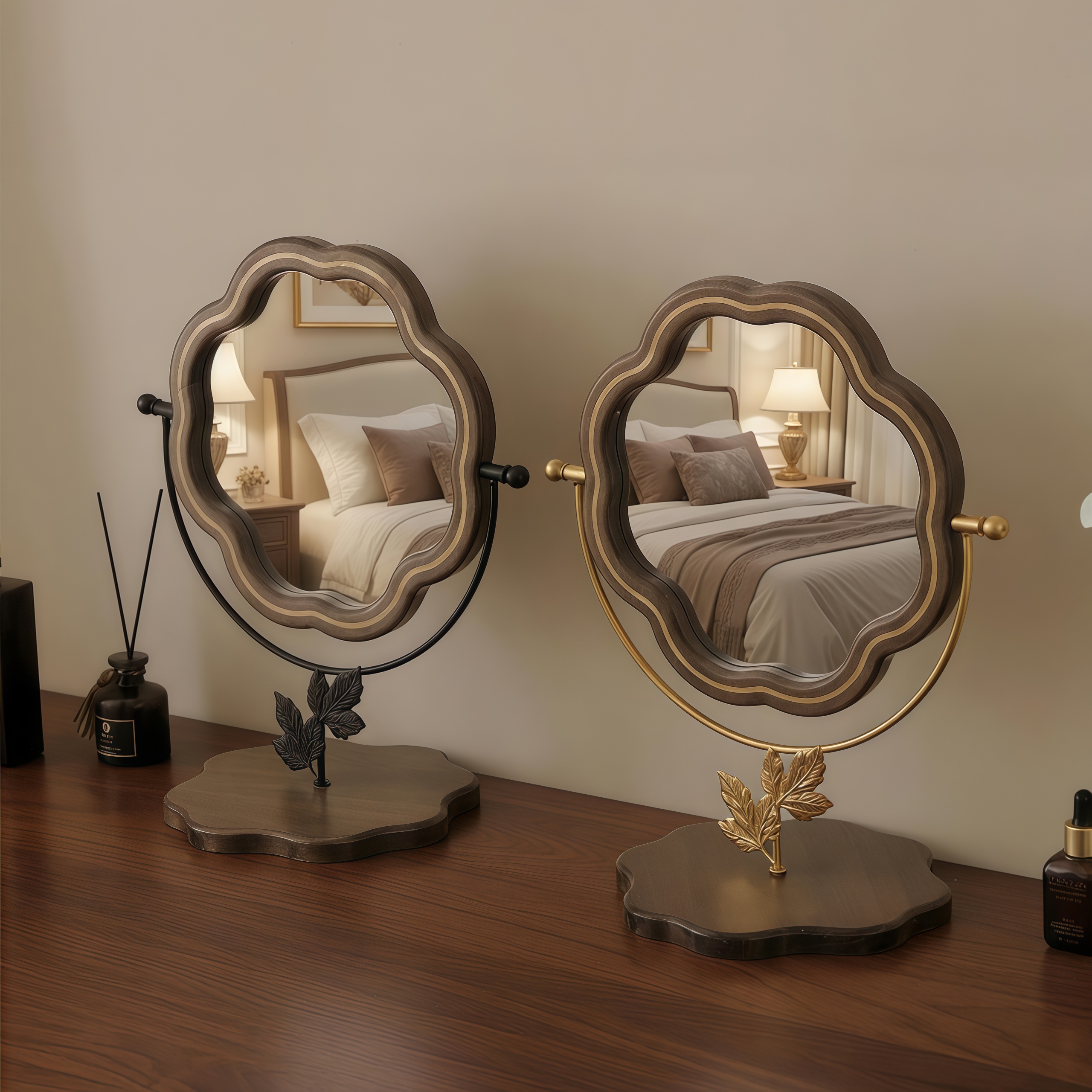 Solid Wood Scalloped Tabletop Vanity Mirror with Leaf Base