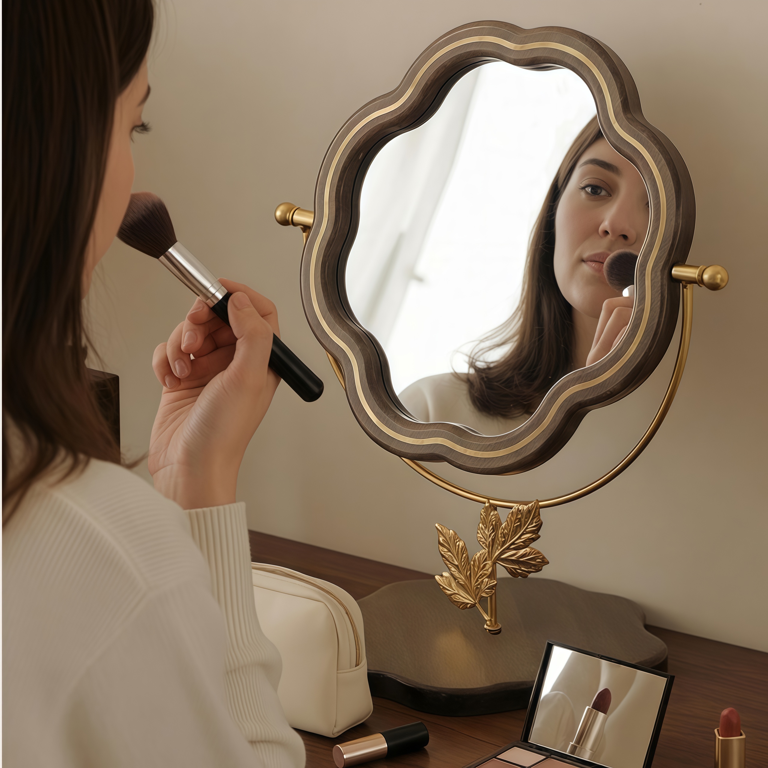 Solid Wood Scalloped Tabletop Vanity Mirror with Leaf Base