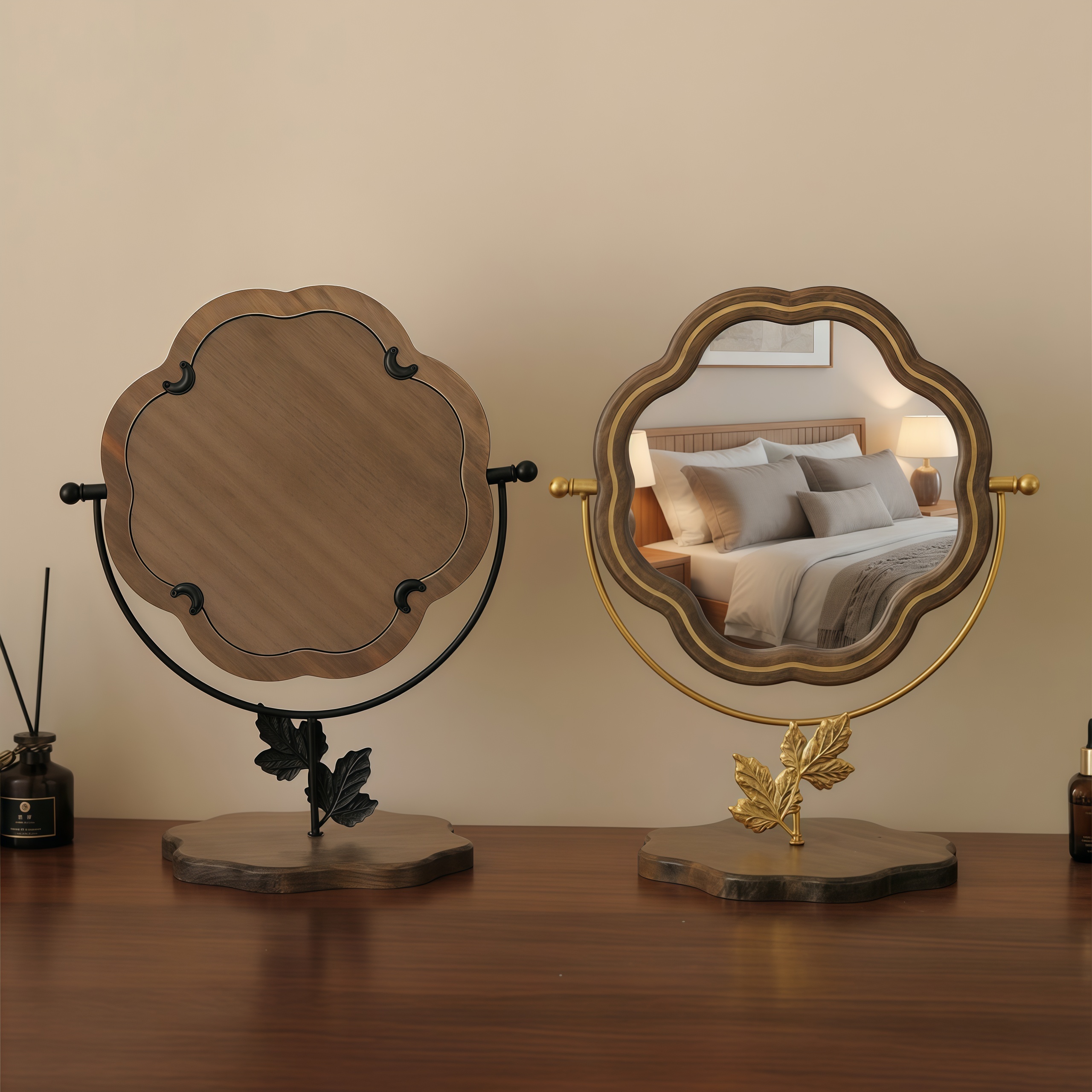 Solid Wood Scalloped Tabletop Vanity Mirror with Leaf Base