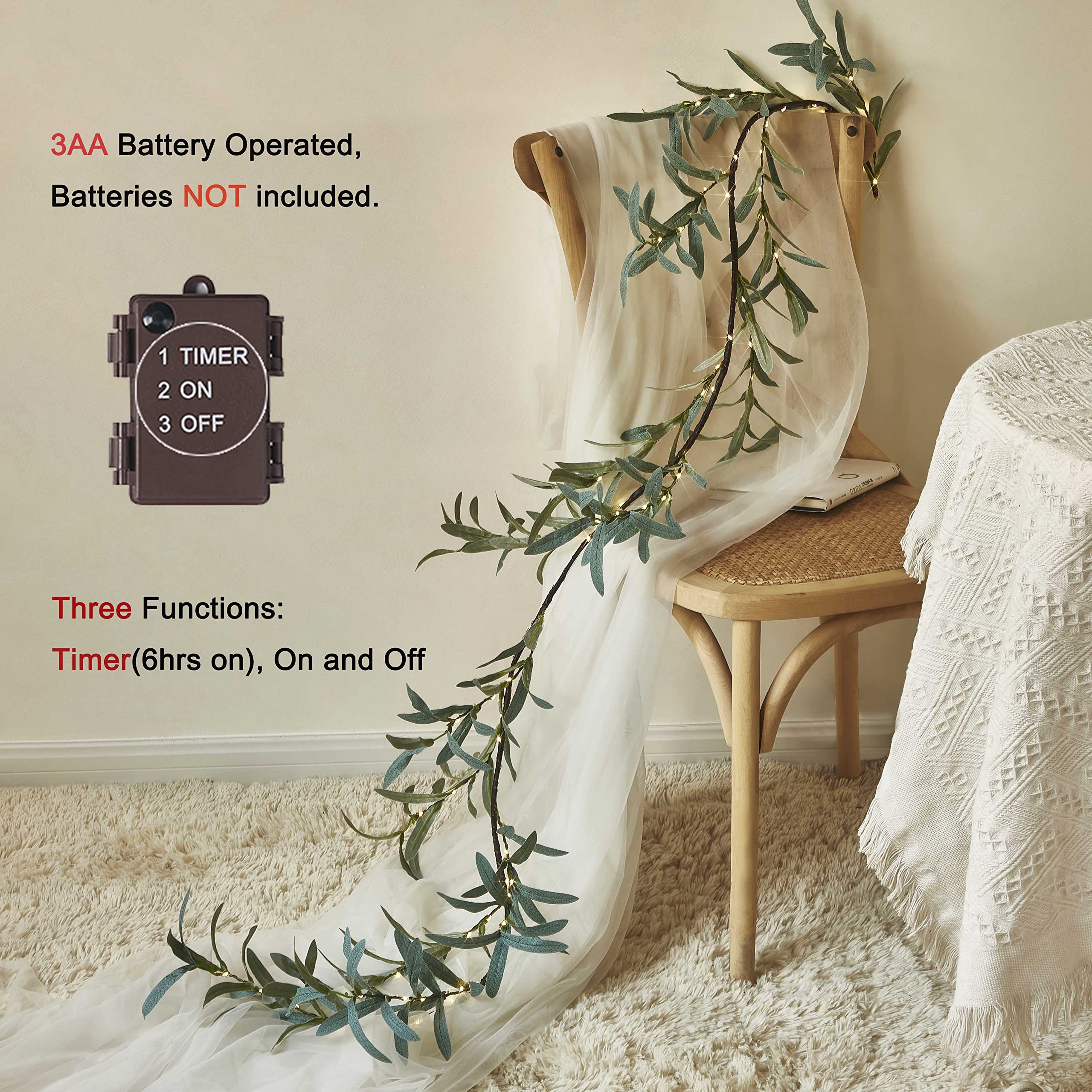 6 FT Pre-Lit Olive Garland Battery Operated with Timer 96 Fairy Lights
