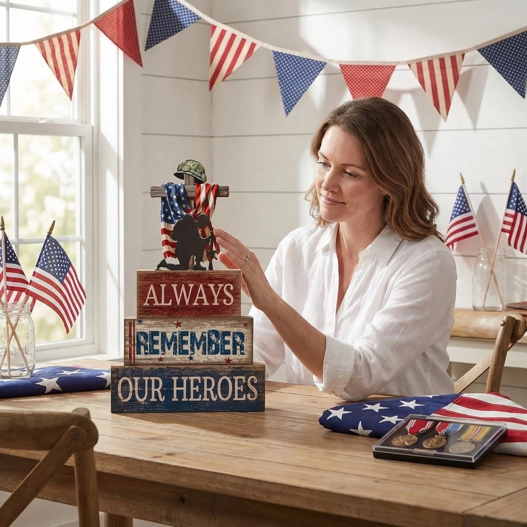 Always Remember Our Heroes Memorial Wooden Block Decor