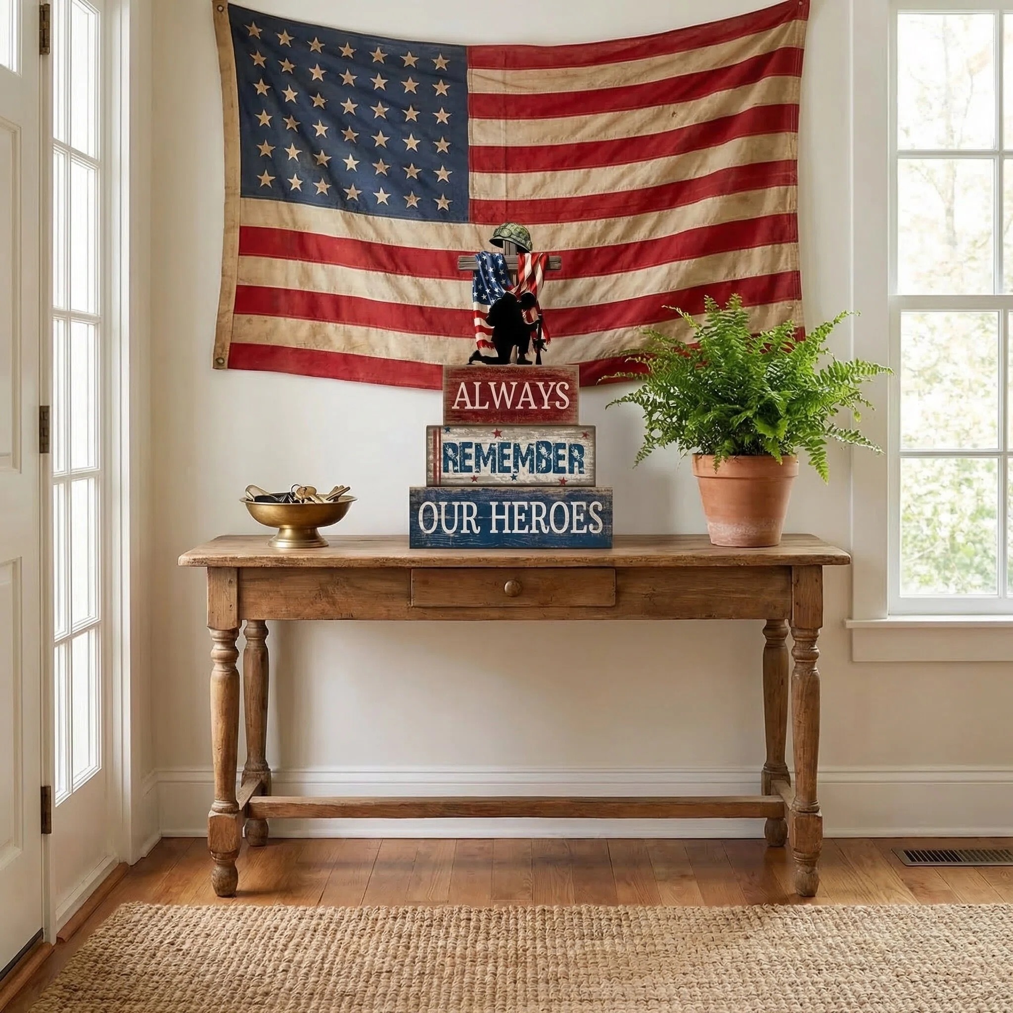 Always Remember Our Heroes Memorial Wooden Block Decor