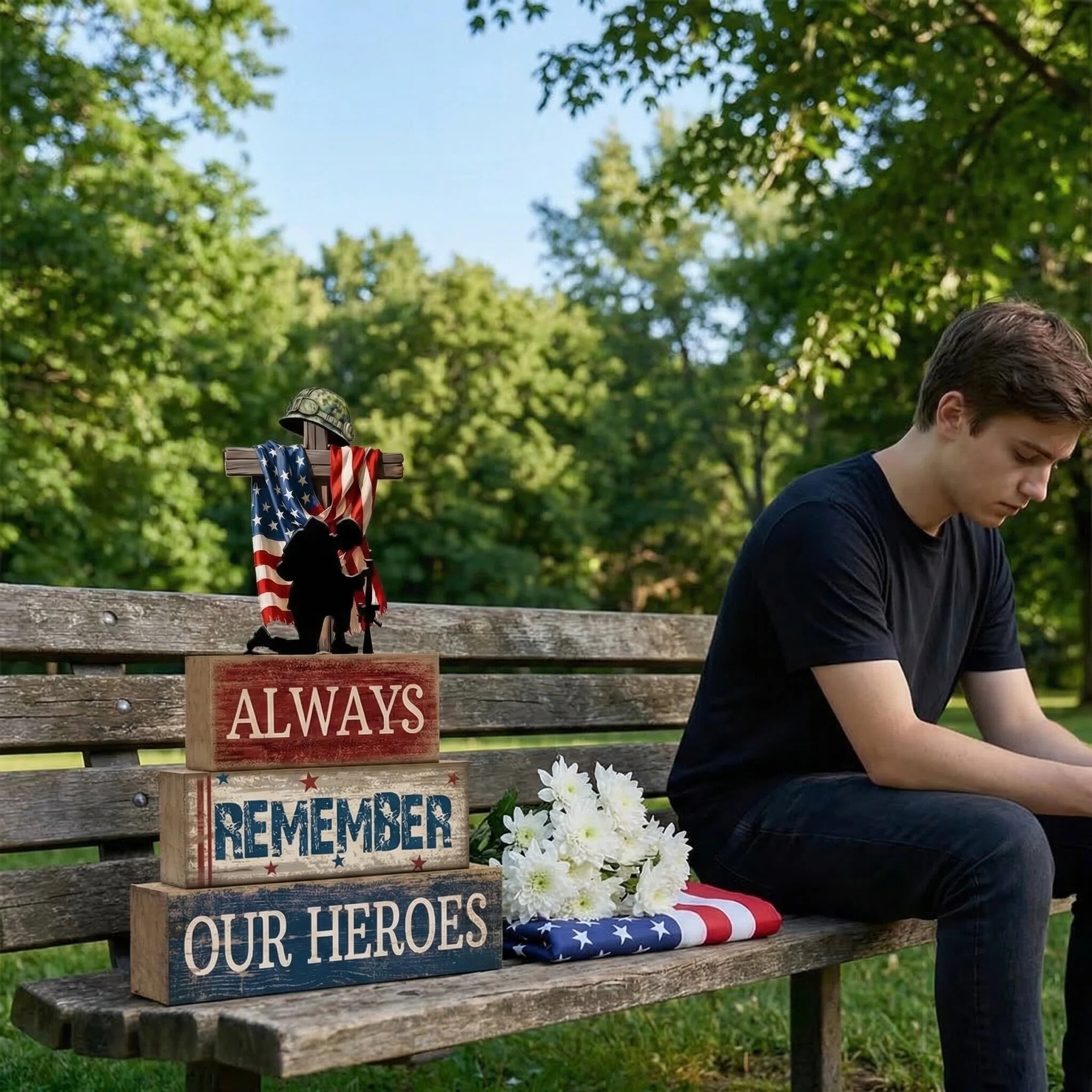 Always Remember Our Heroes Memorial Wooden Block Decor