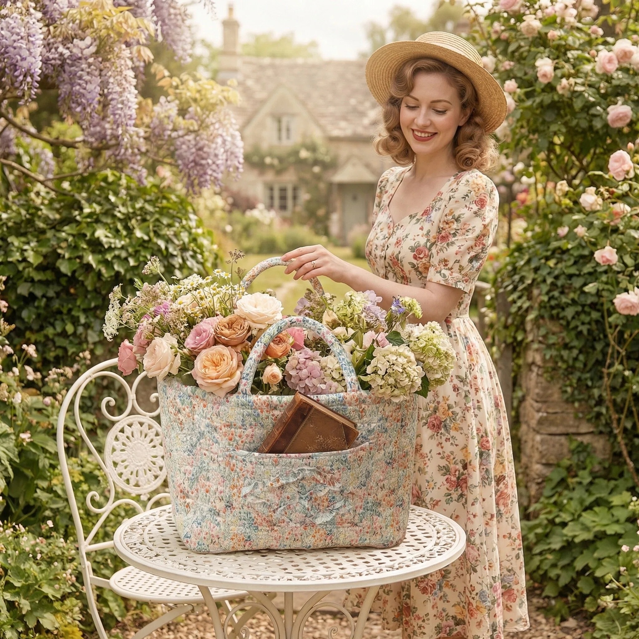 Floral Quilted Cotton Storage Basket