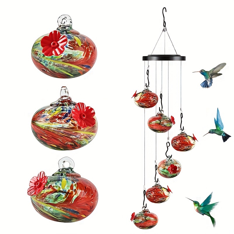 Hand-Blown Glass Hummingbird Feeder Wind Chime, Leakproof, Ant & Bee Proof Garden Ornament