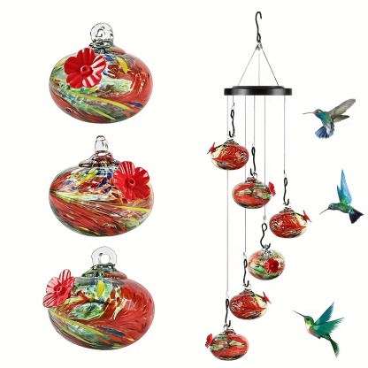Hand-Blown Glass Hummingbird Feeder Wind Chime, Leakproof, Ant & Bee Proof Garden Ornament