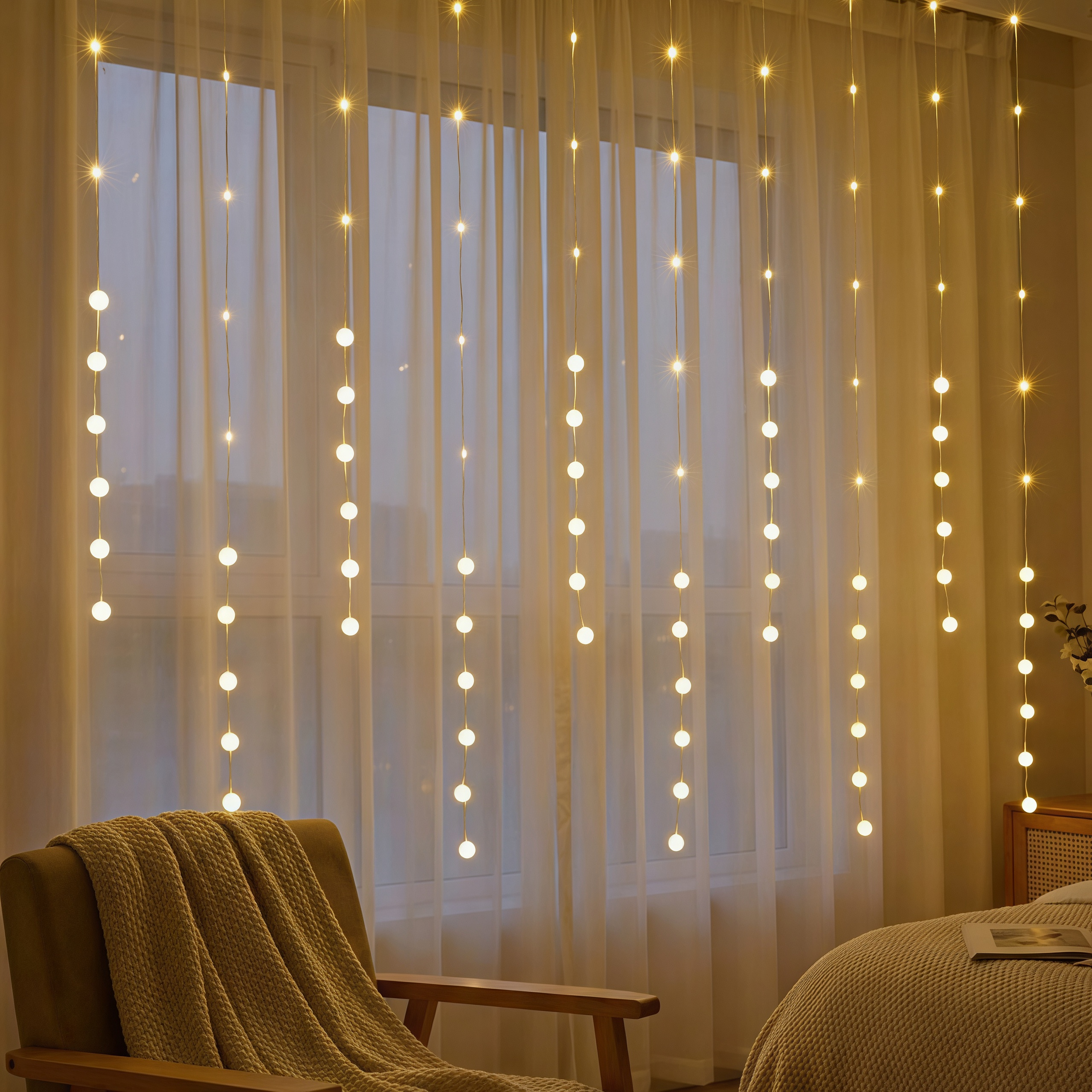 9.84 FT Warm White LED Window Curtain Lights with Hanging Strands