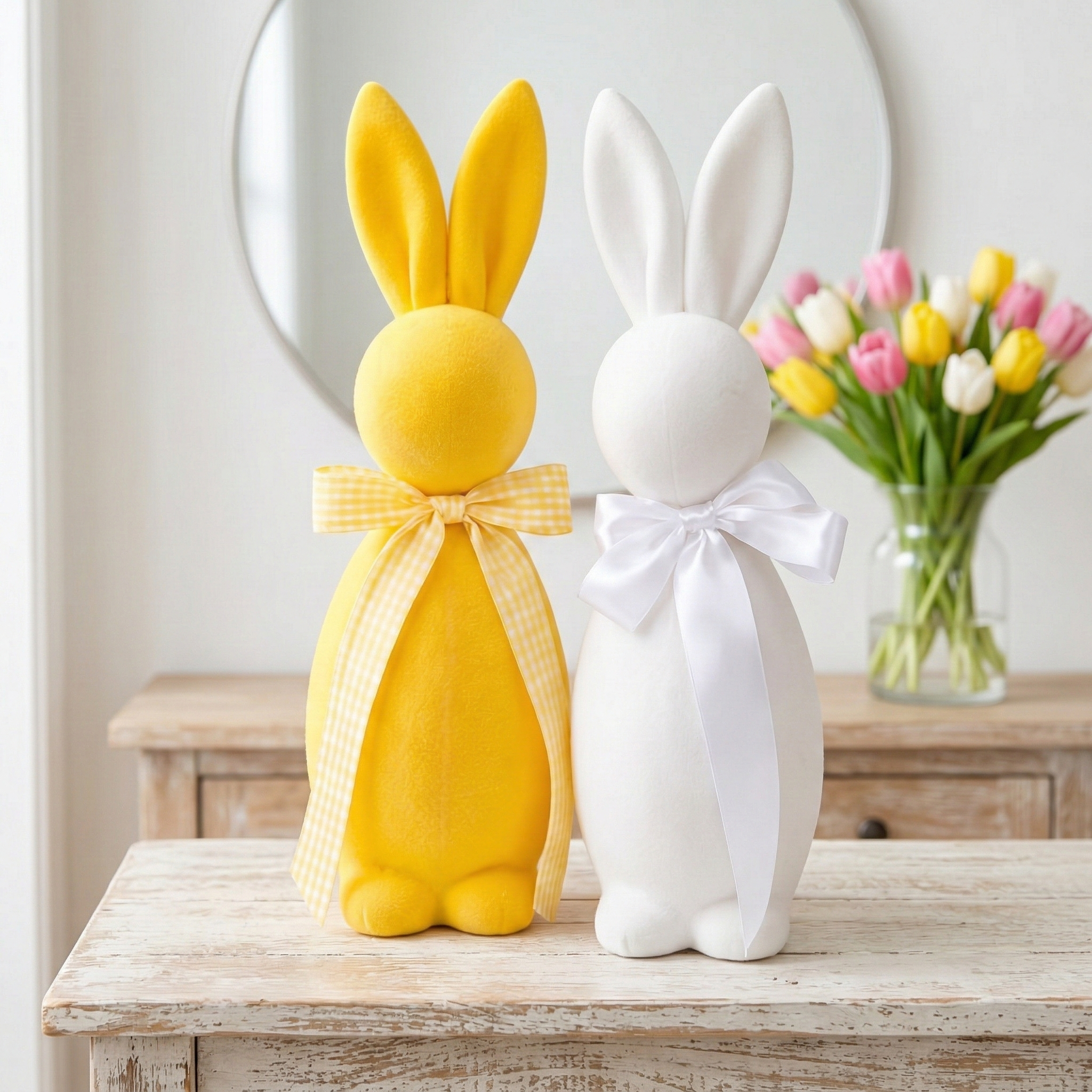 16” Flocked Easter Bunny Decor with Ribbon