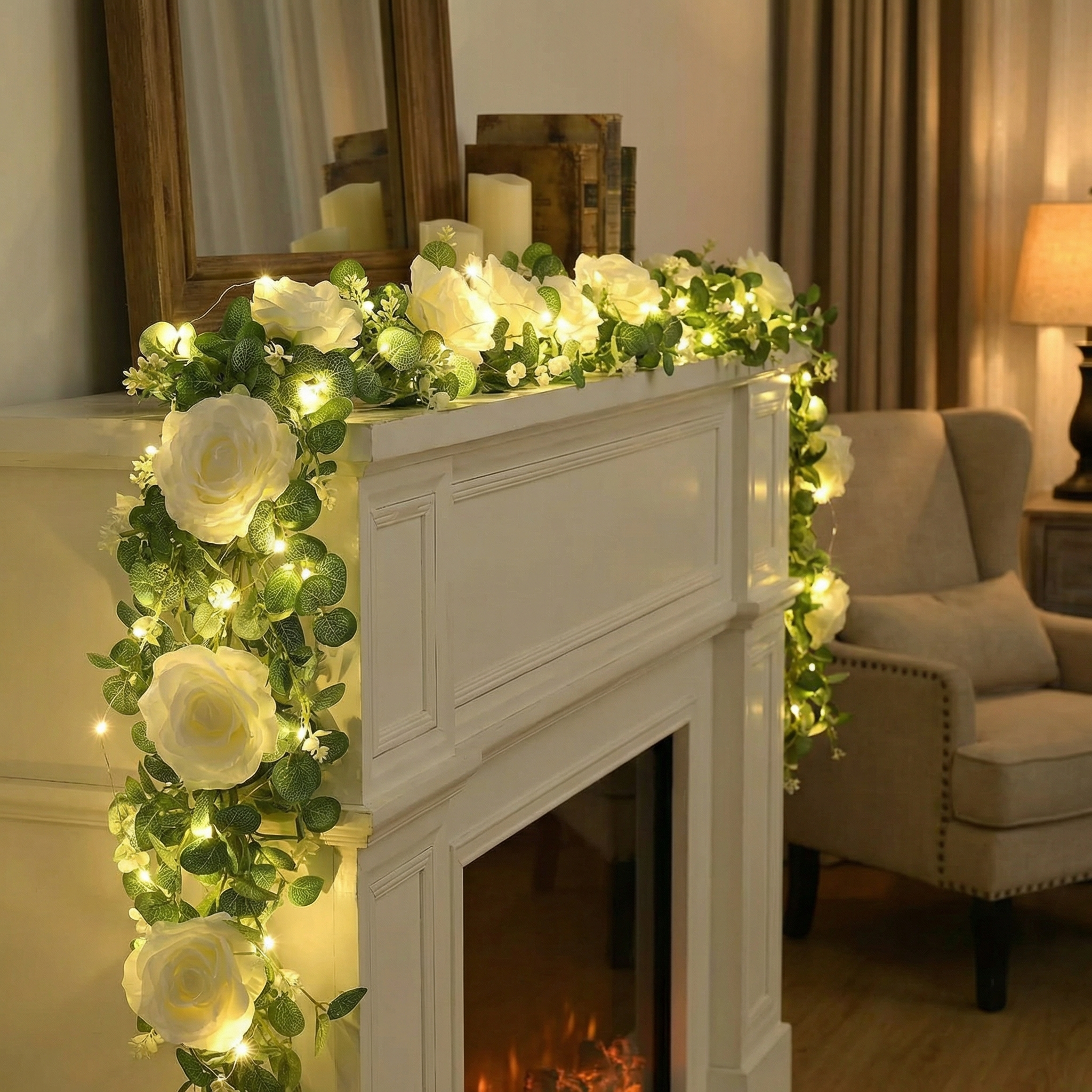 1 Pack 70.8in 30 LED Artificial Eucalyptus Garland with Roses