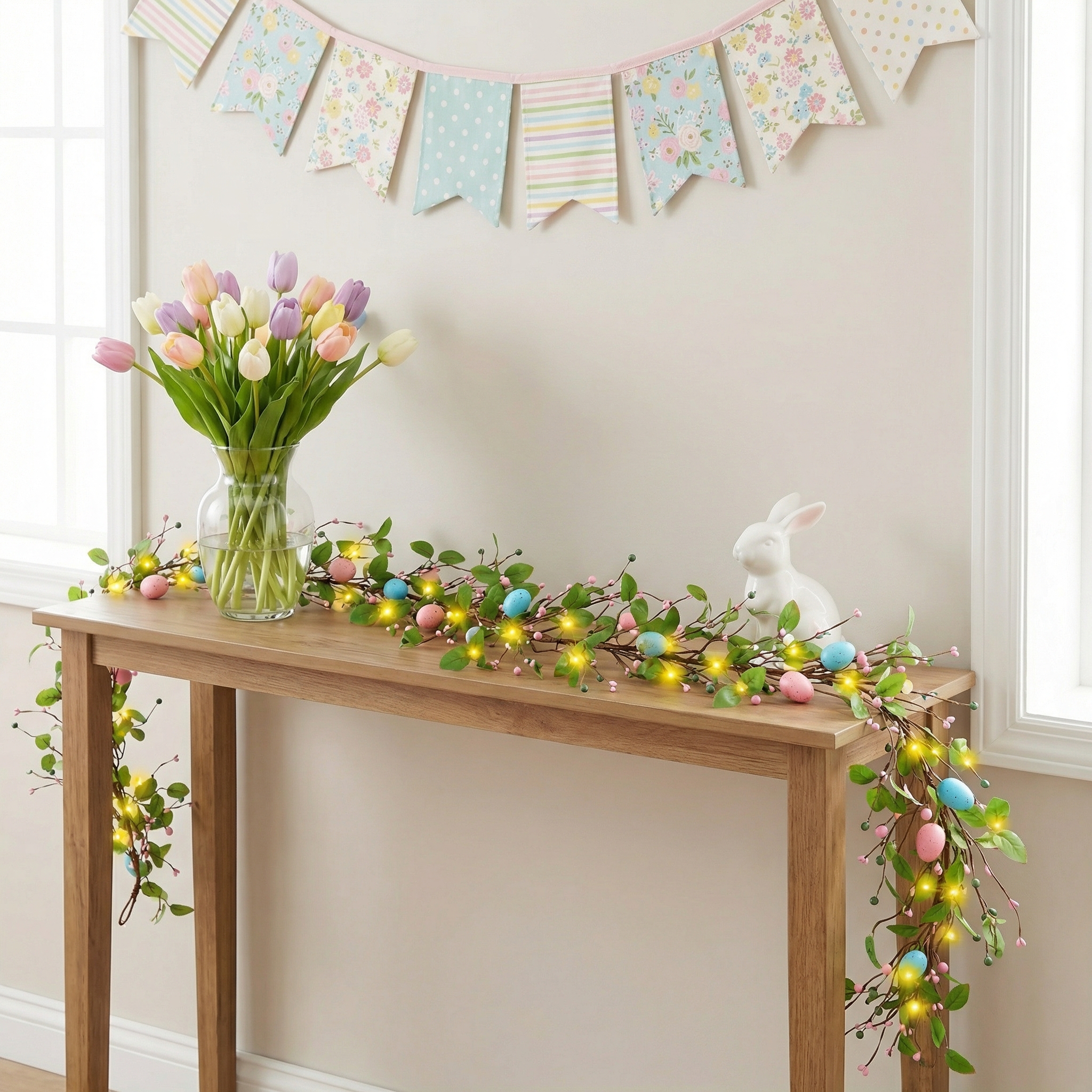 4.9FT Lighted Easter Egg Garland with Greenery