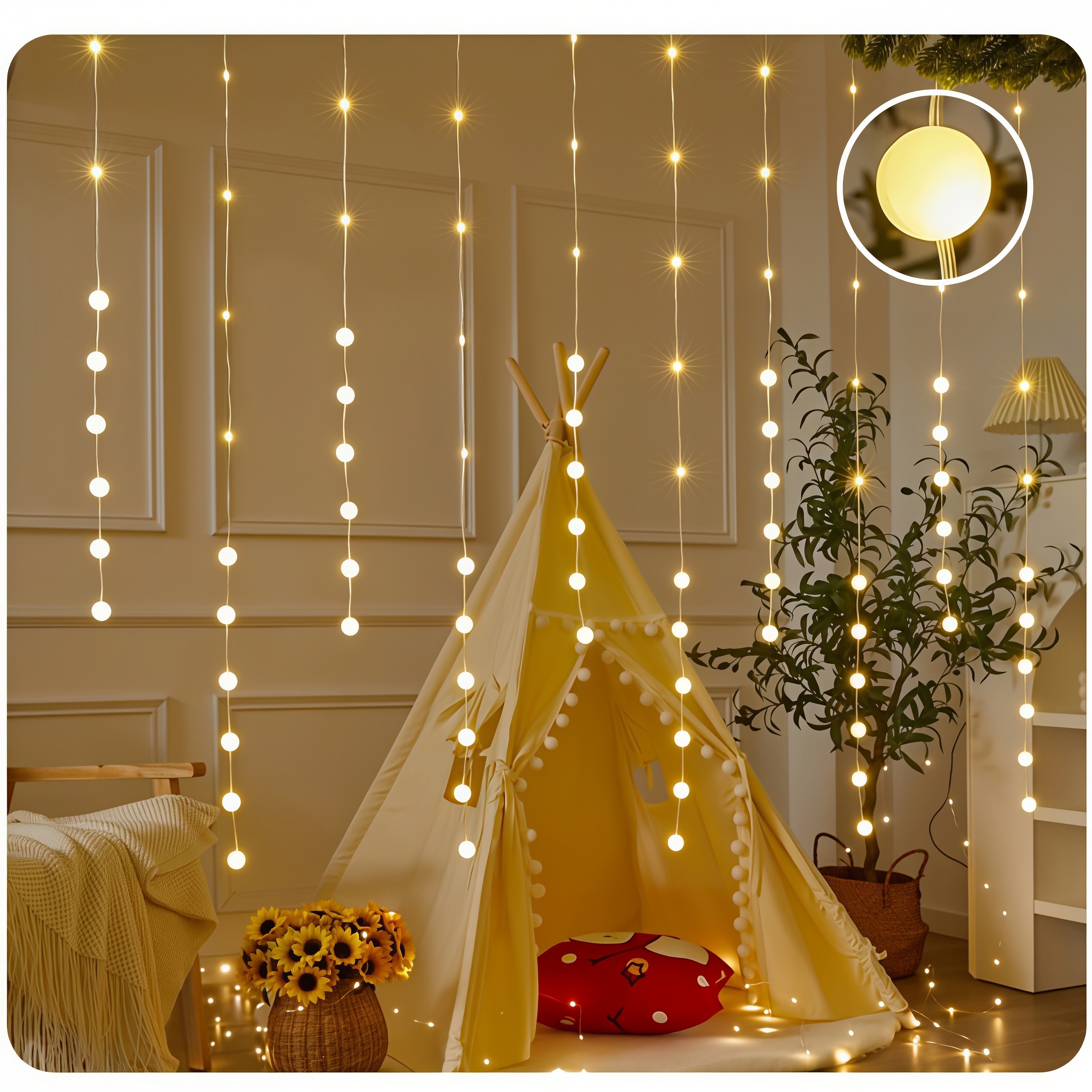 9.84 FT Warm White LED Window Curtain Lights with Hanging Strands