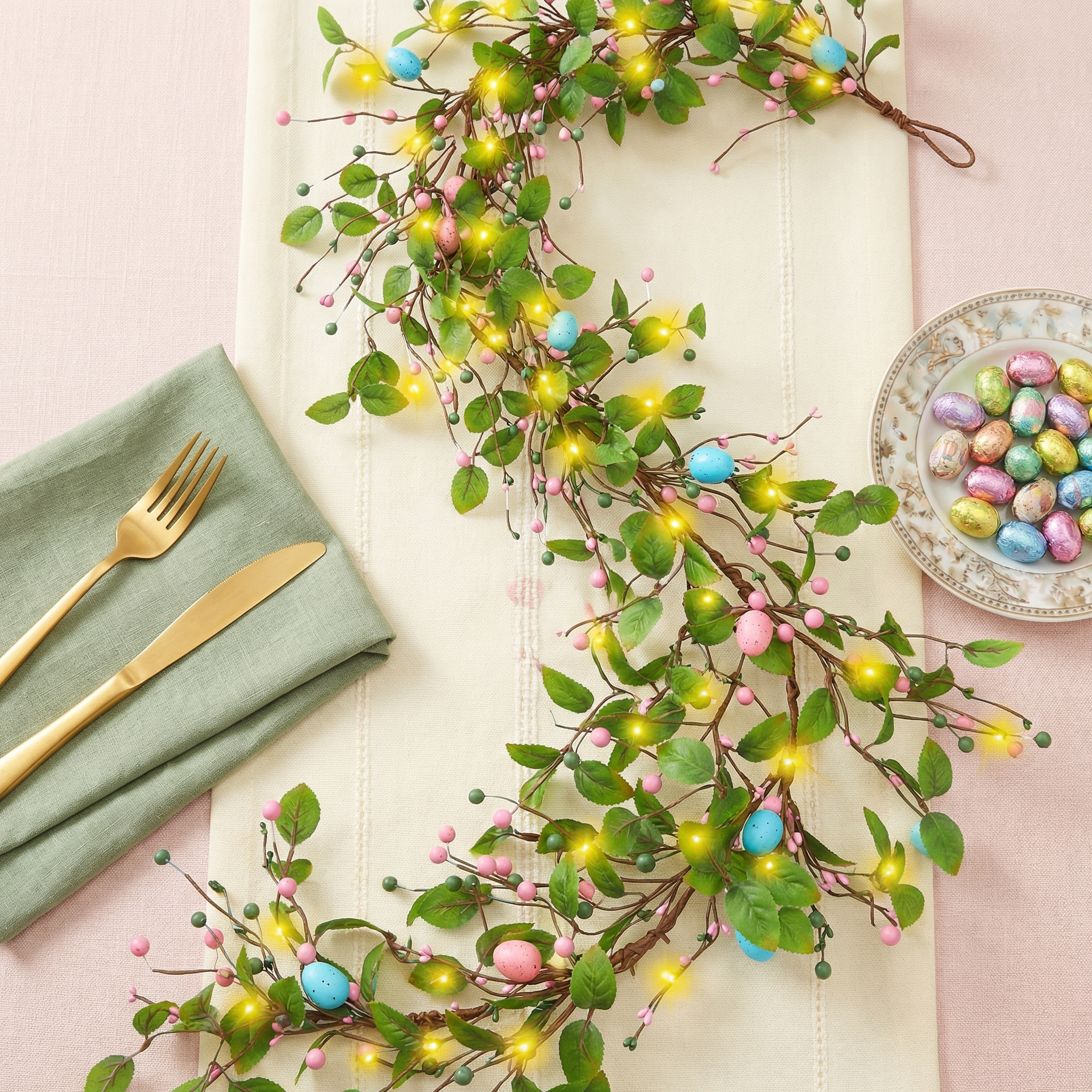 4.9FT Lighted Easter Egg Garland with Greenery