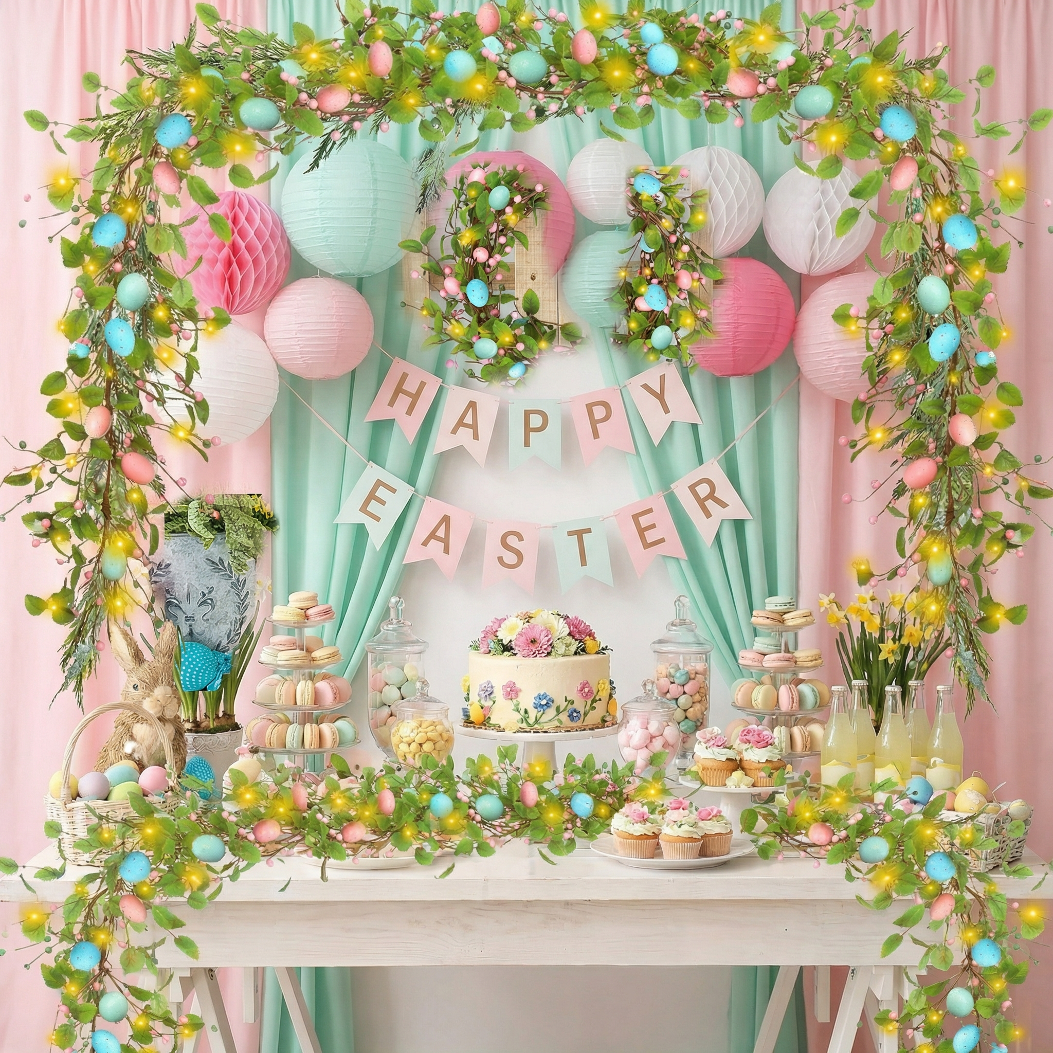 4.9FT Lighted Easter Egg Garland with Greenery