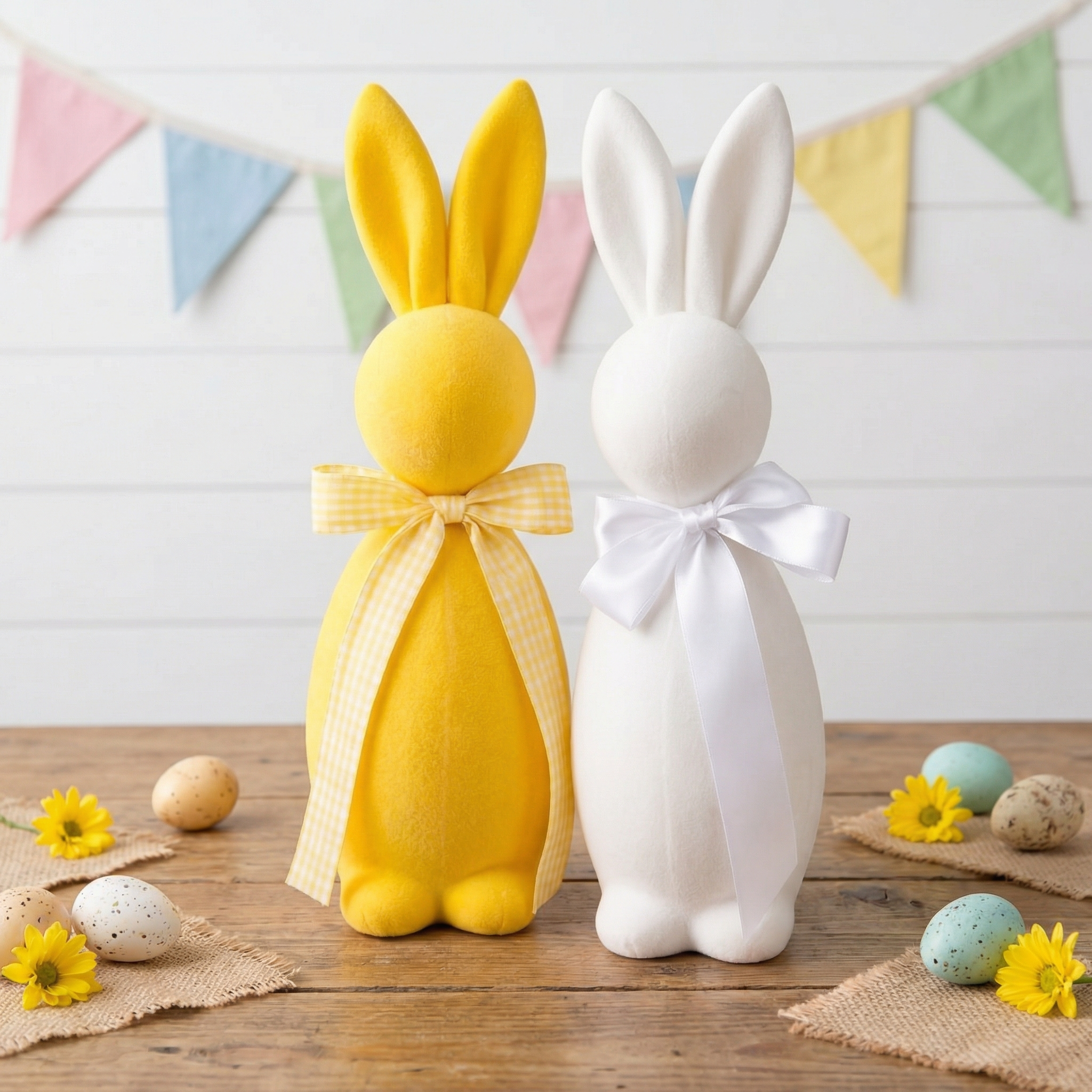 16” Flocked Easter Bunny Decor with Ribbon