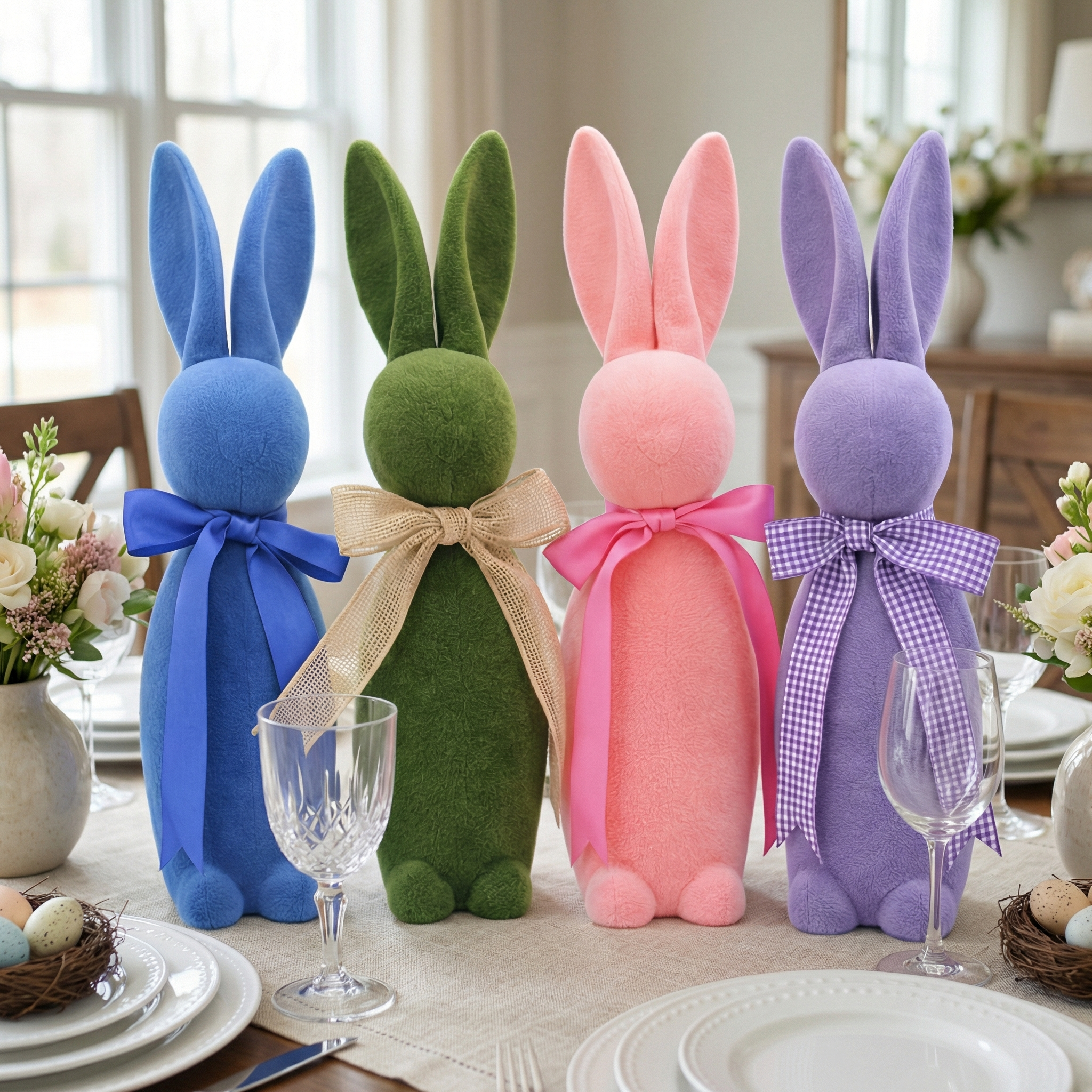 16” Flocked Easter Bunny Decor with Ribbon