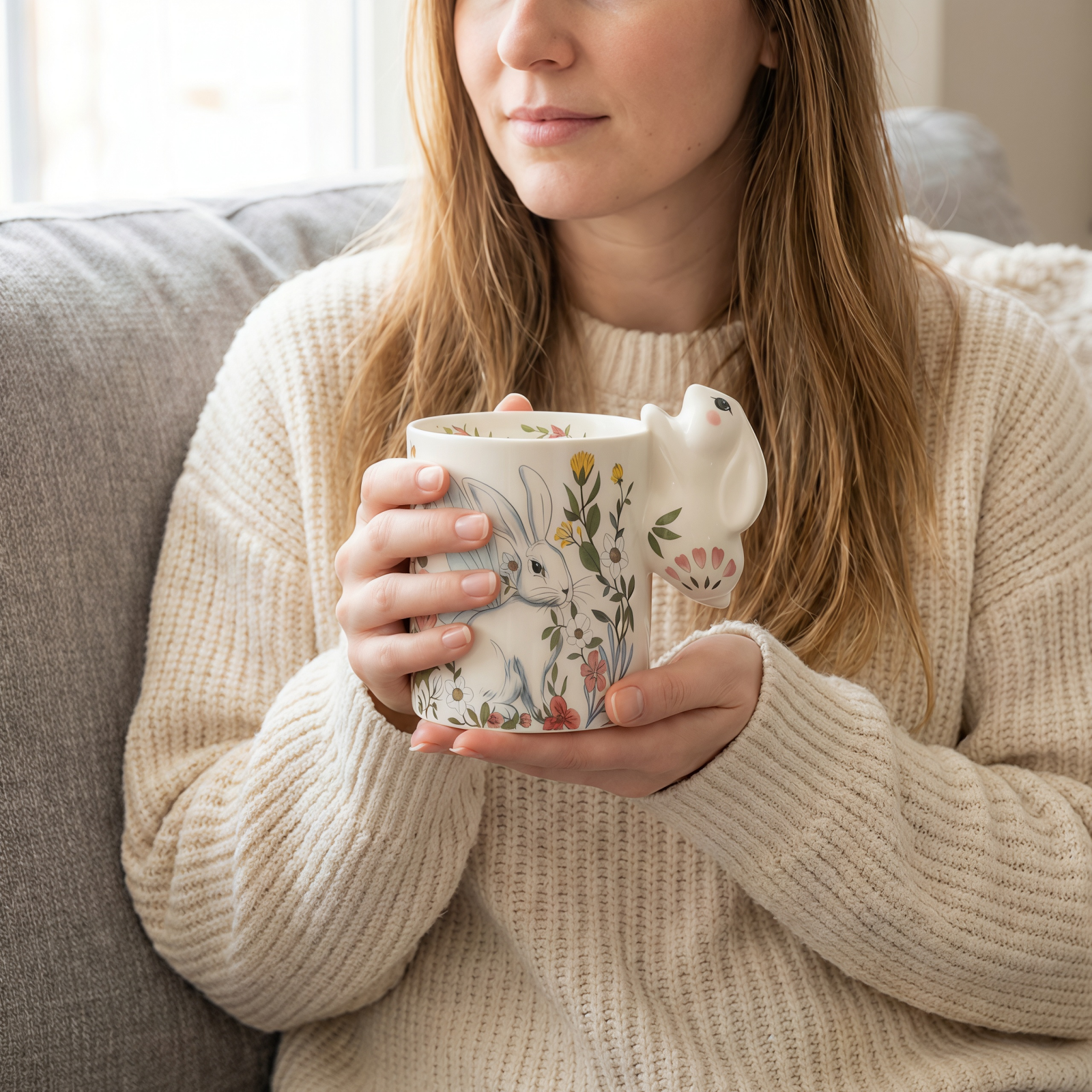 Floral Bunny Ceramic Mug with 3D Ear Handle