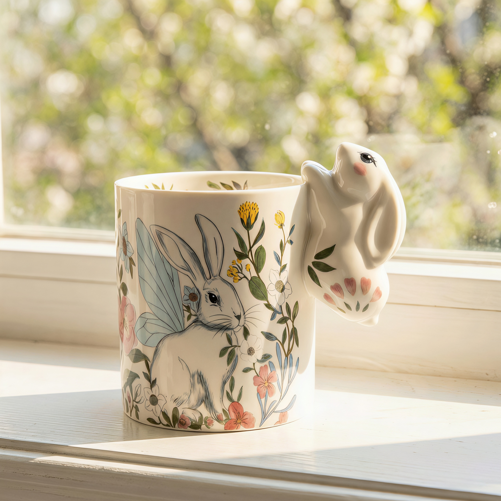 Floral Bunny Ceramic Mug with 3D Ear Handle