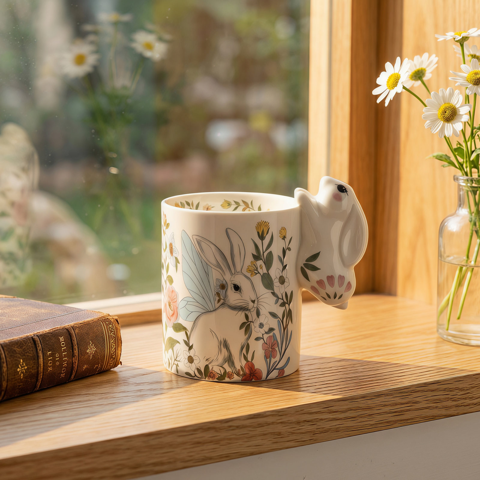Floral Bunny Ceramic Mug with 3D Ear Handle