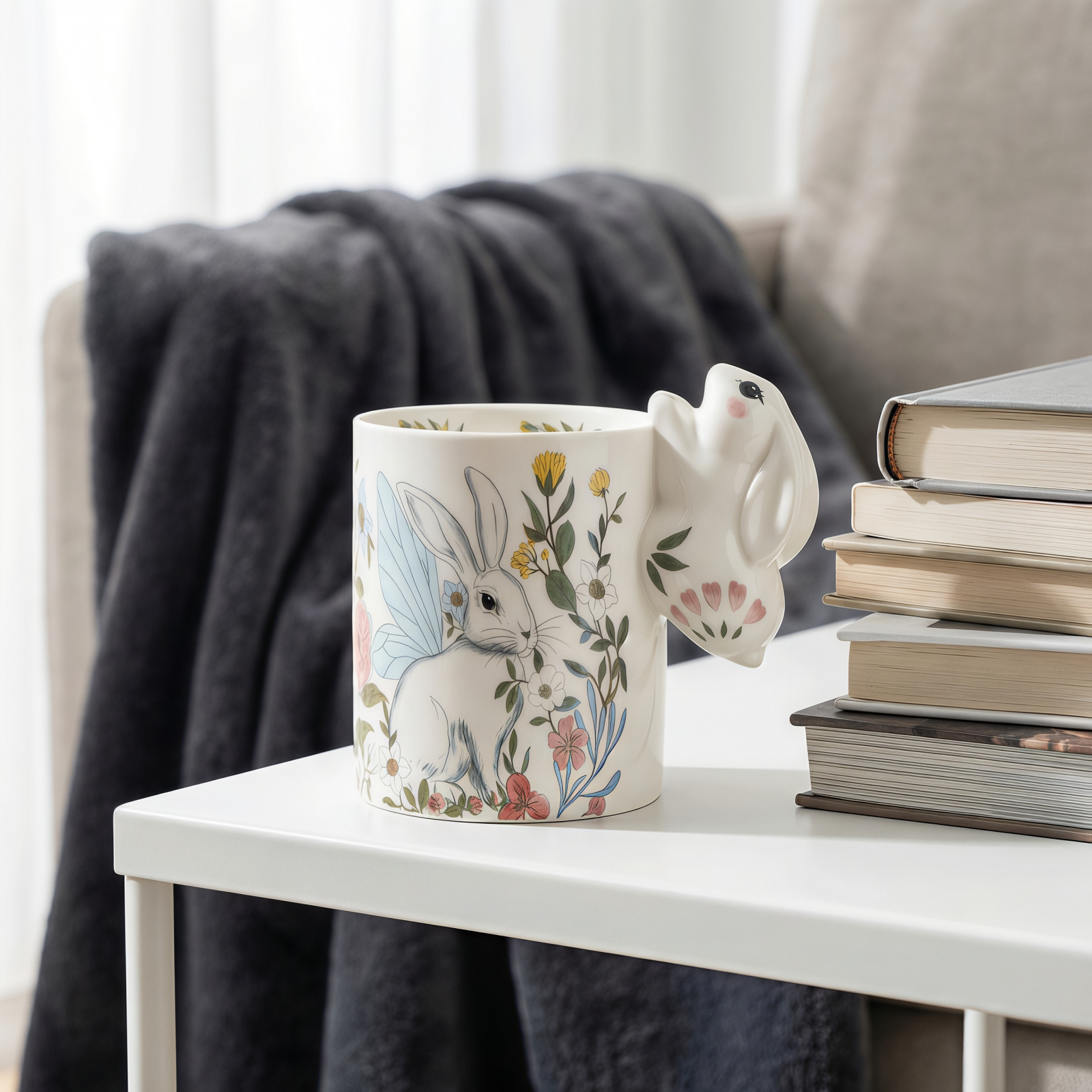 Floral Bunny Ceramic Mug with 3D Ear Handle